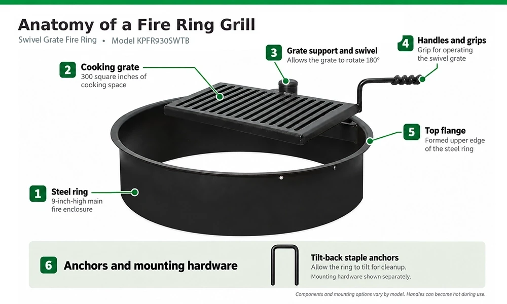Swivel-grate fire ring grill diagram identifying the steel ring, cooking grate, swivel support, handle, top flange, and tilt-back anchors.